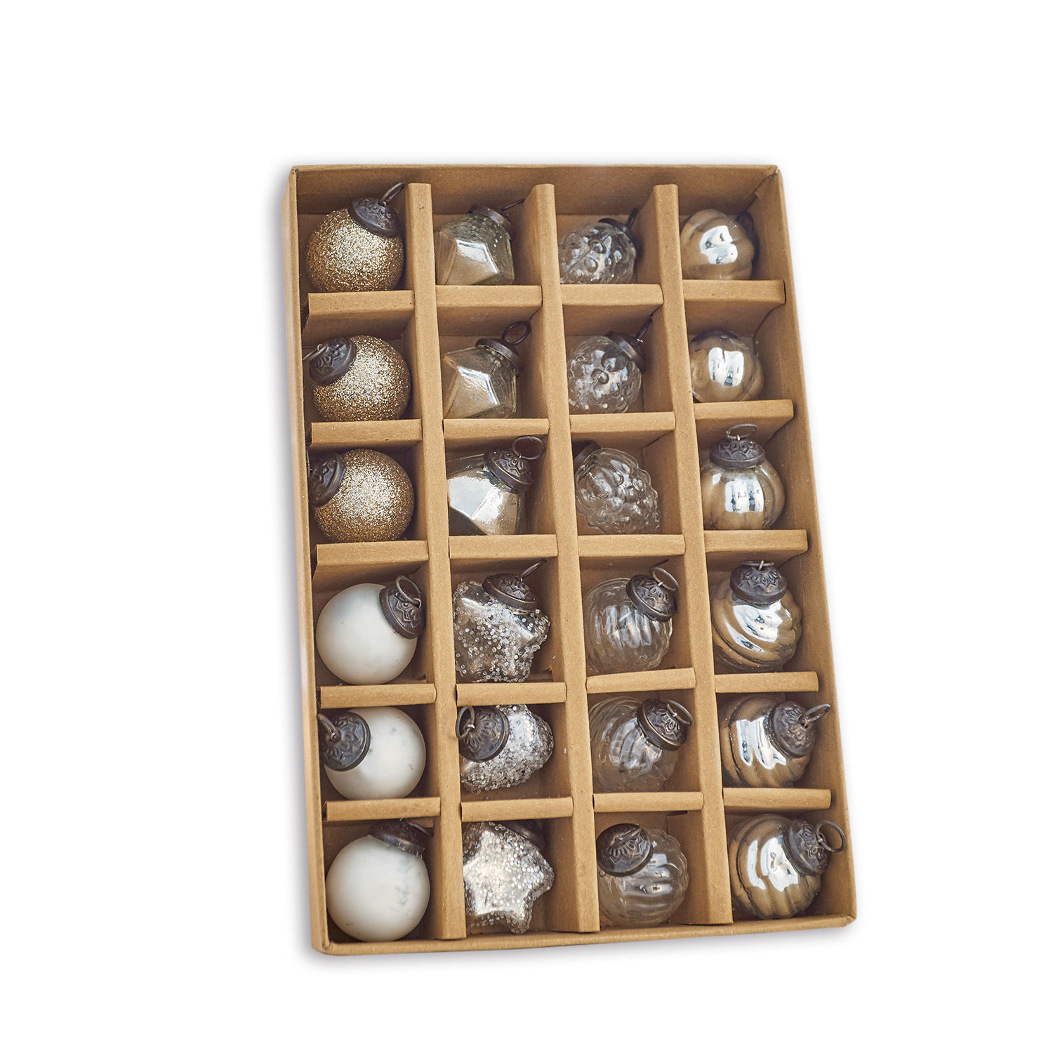 Lot de 24 boules de Noël Sanary Ensemble de décorations de Noël en verre doré et blanc dans une boîte en carton compartimentée