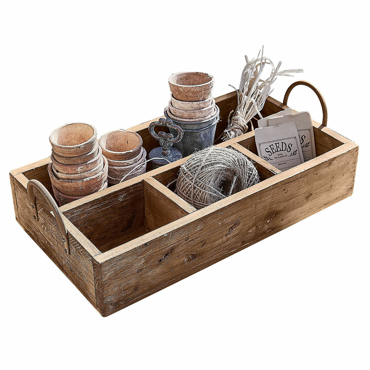 Plateau Jixel Caisse en bois compartimentée avec pots, ficelle et sachets de graines pour jardinage