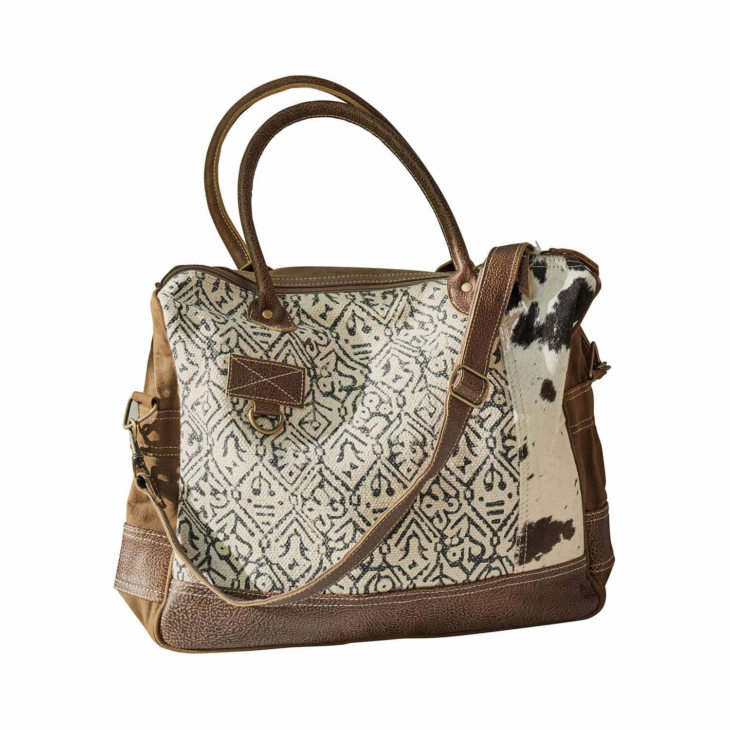 Sac Elma Sac en tissu à motifs avec cuir marron et détail en fourrure, accessoire tendance quotidien