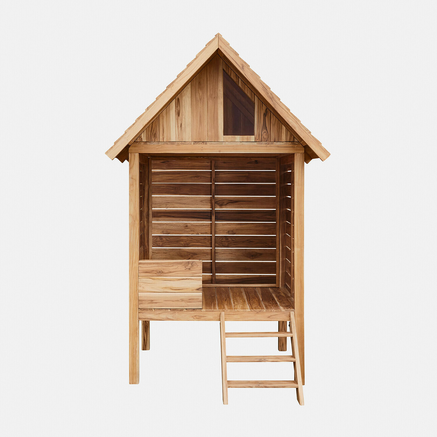 Niche pour chien Frevina Maisonnette en bois naturel de teck brun clair avec échelle, idéale pour enfants et jardin
