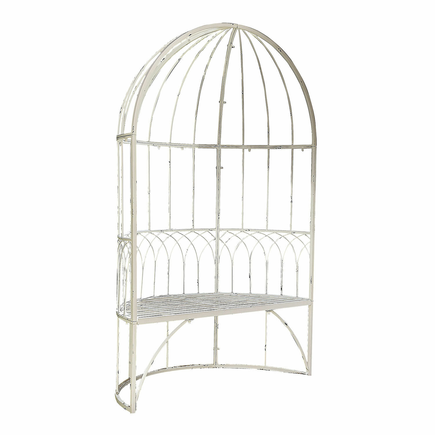 Banc Rivandelle en métal blanc antique avec dossier voûté décoratif, idéal pour jardin extérieur