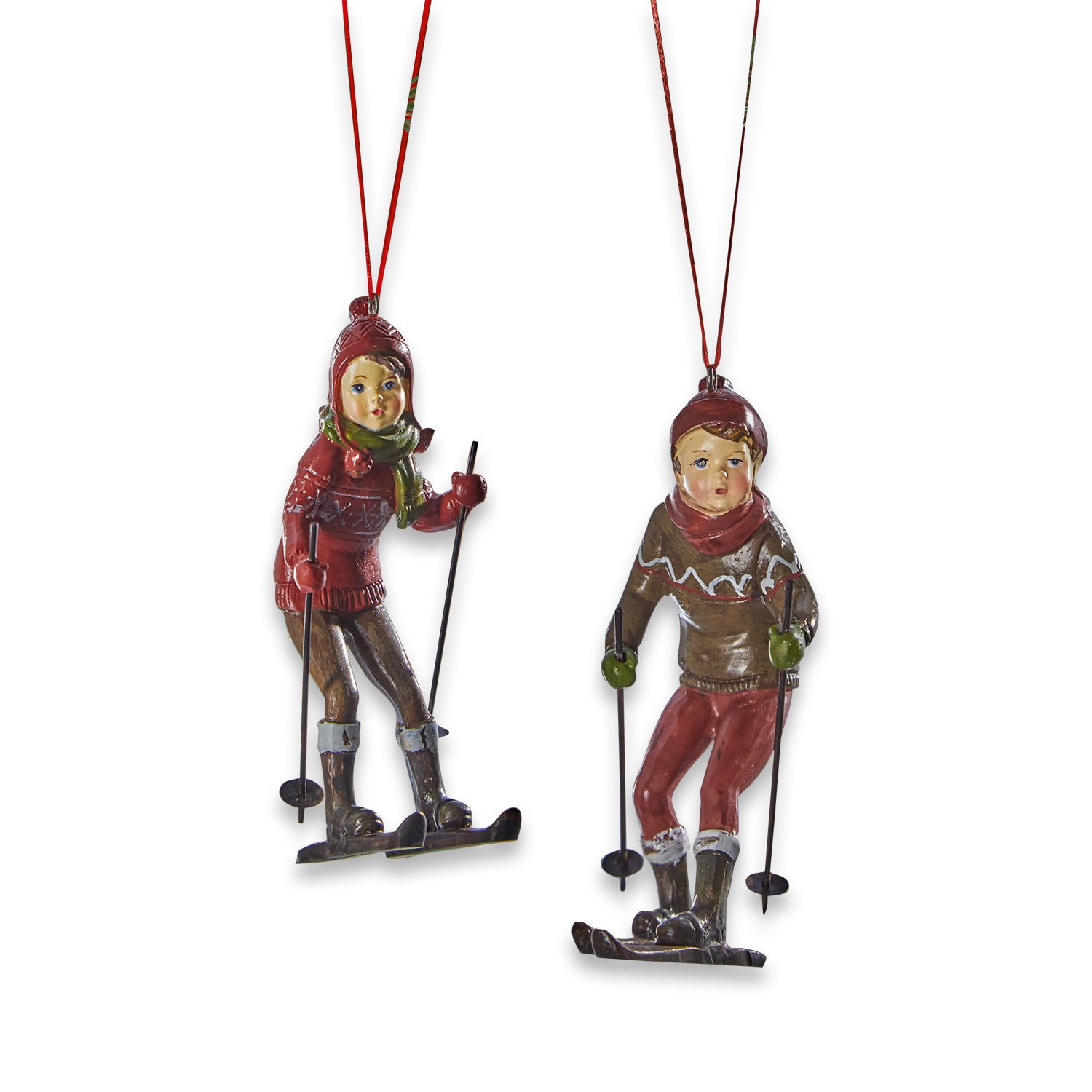 Lot de 2 figurines Gulbin Deux décorations suspendues représentant des skieurs en vêtements rouges et marron, ornement hivernal
