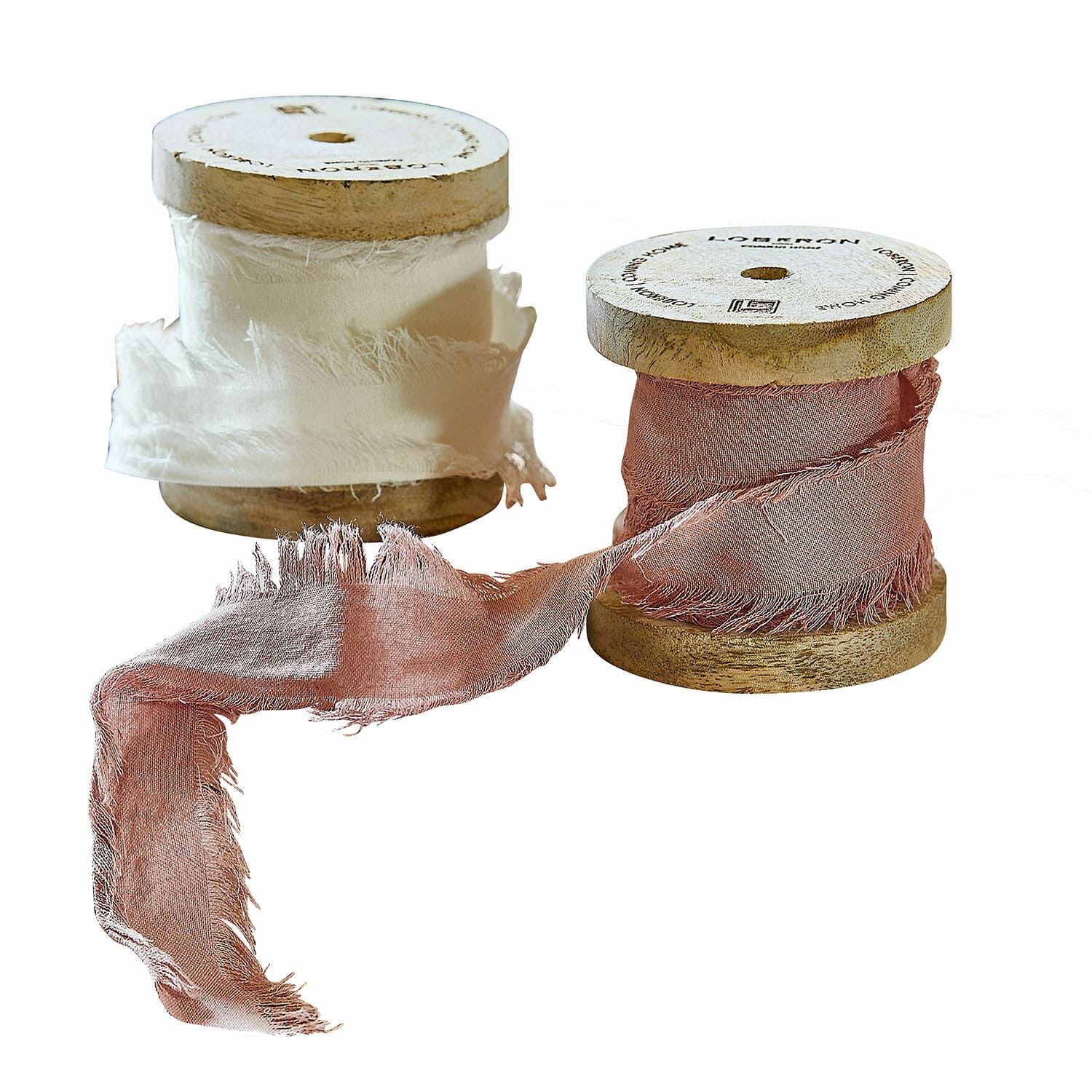 Lot de 2 rubans Valethor Bobines en bois avec ruban en coton blanc et rose pour décoration et artisanat
