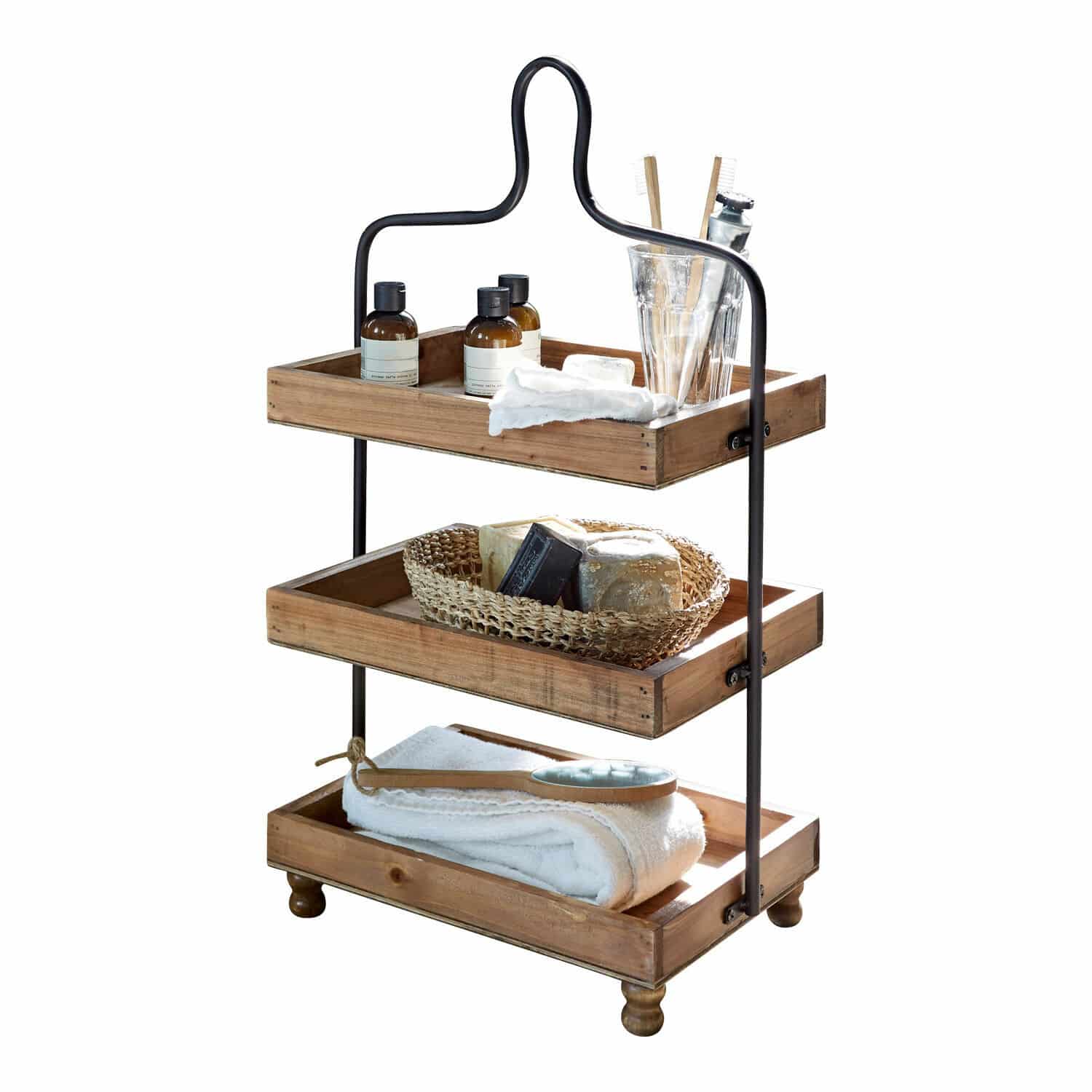 Étagère Lasse Étagère à trois niveaux en bois et métal avec accessoires de salle de bain et serviettes couleur naturelle