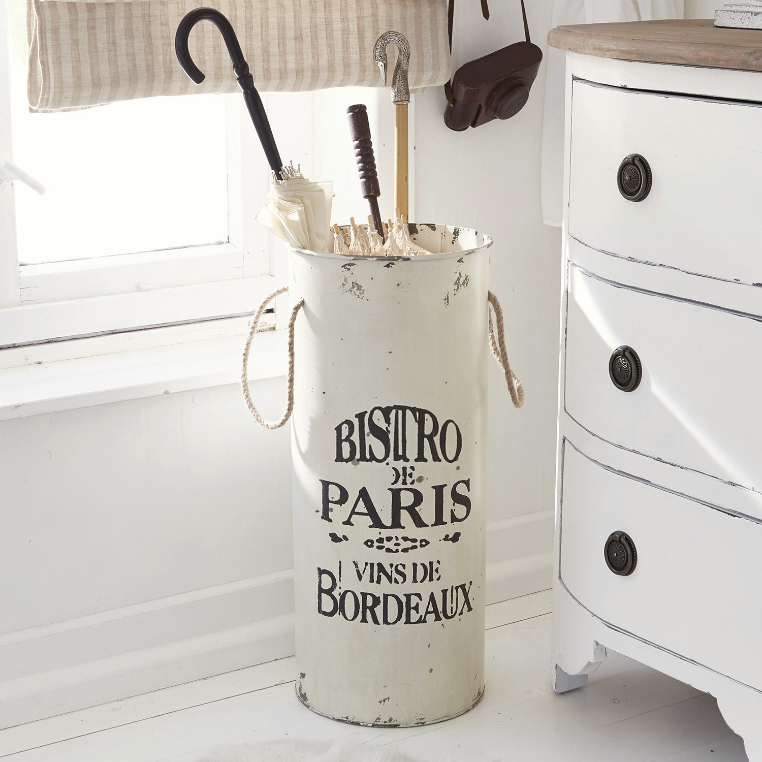 Porte-parapluie Bordeaux Porte-parapluies en métal blanc avec inscription Bistro de Paris style vintage pour l'entrée