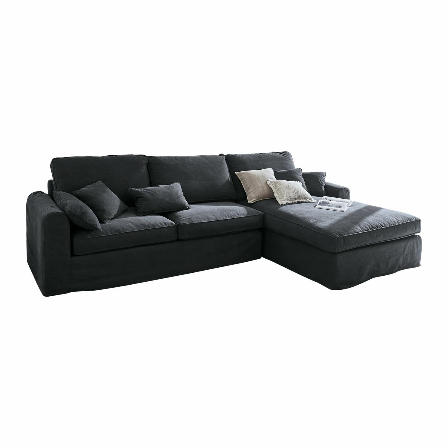 Canapé Seaford Grand canapé d'angle noir en tissu avec coussins, confortable pour salon