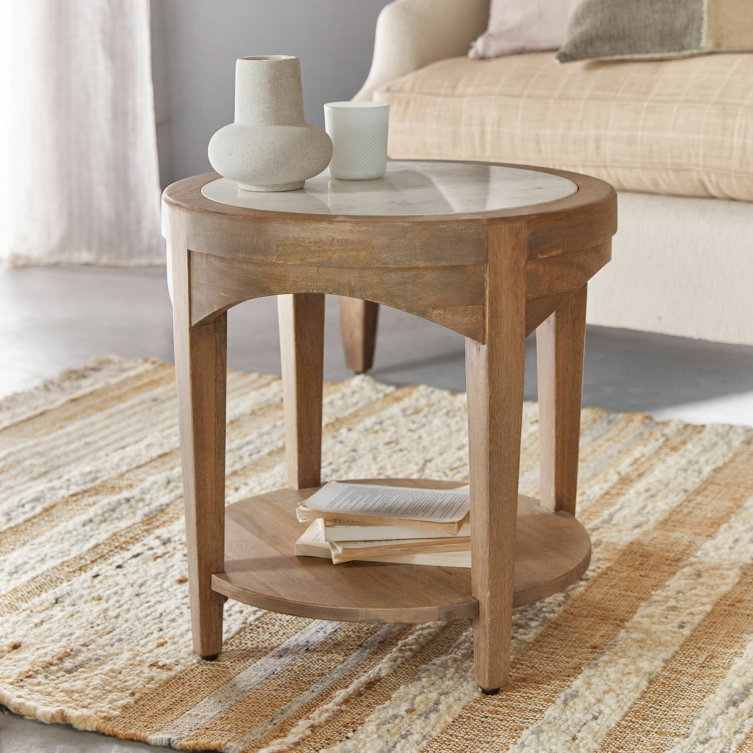 Table d’appoint Annabelle Table basse ronde en bois avec plateau en marbre naturel pour salon cosy