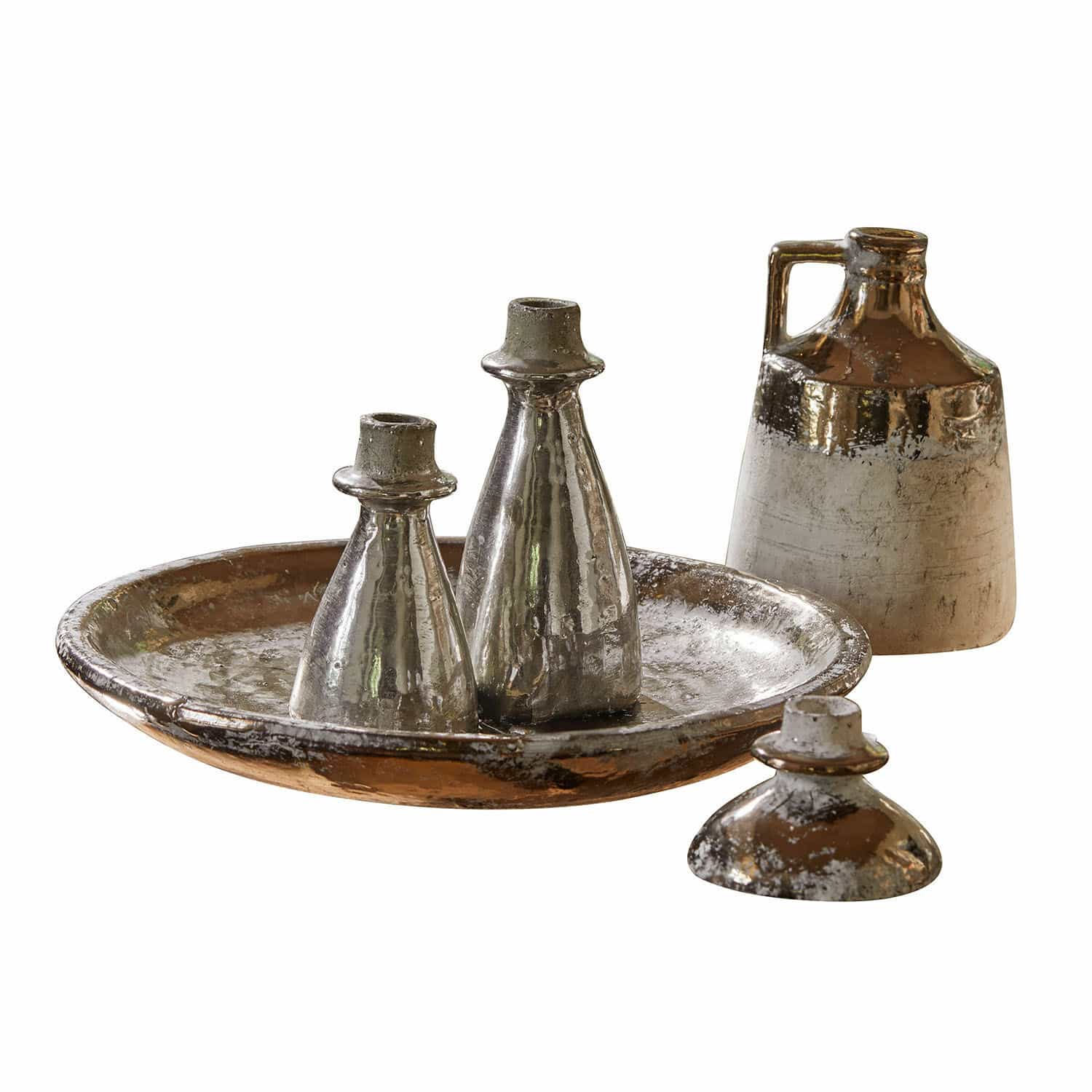 Plateau et vases Tameena Ensemble décoratif en céramique argentée et brune avec plateau et bouteilles pour intérieur vintage