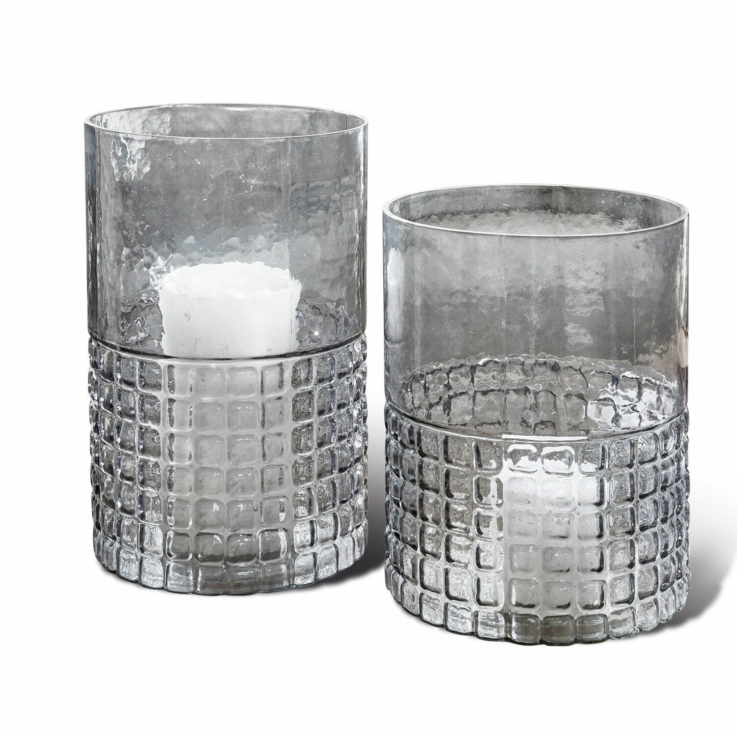 Lot de 2 lanternes Mandjes Ensemble de deux photophores en verre gris texturé pour décoration intérieure élégante