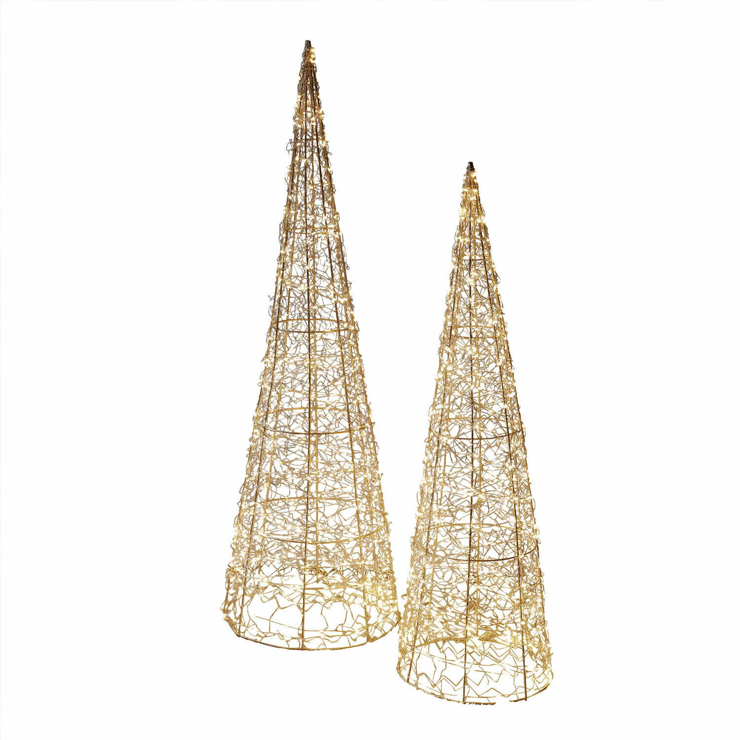 Lot de 2 sapins de Noël Oakworth Deux décorations coniques en métal doré avec guirlandes lumineuses LED pour décoration festive