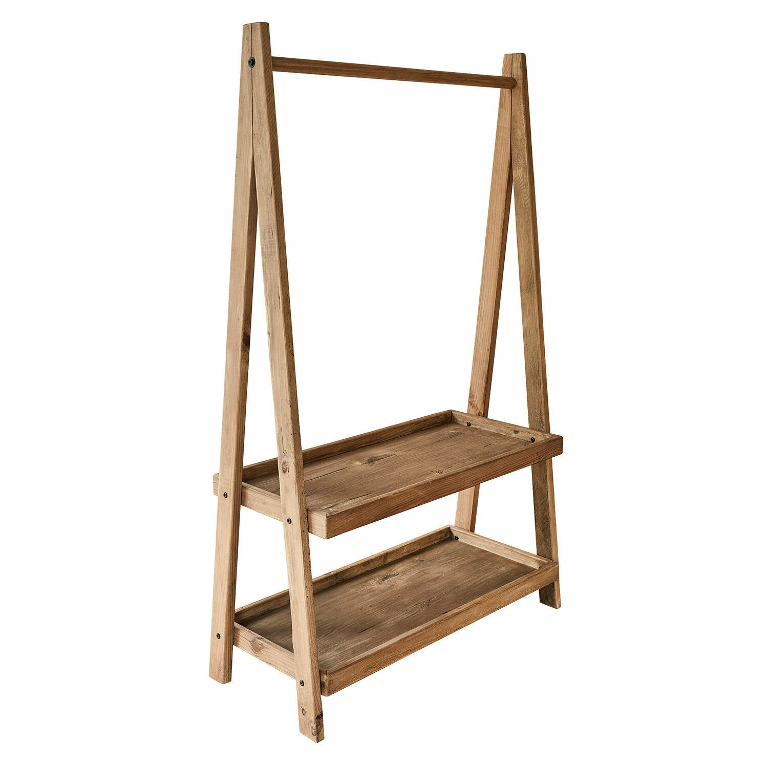 Portant à vêtements Avel Support en bois naturel avec deux étagères et une barre, meuble de rangement polyvalent pour la maison