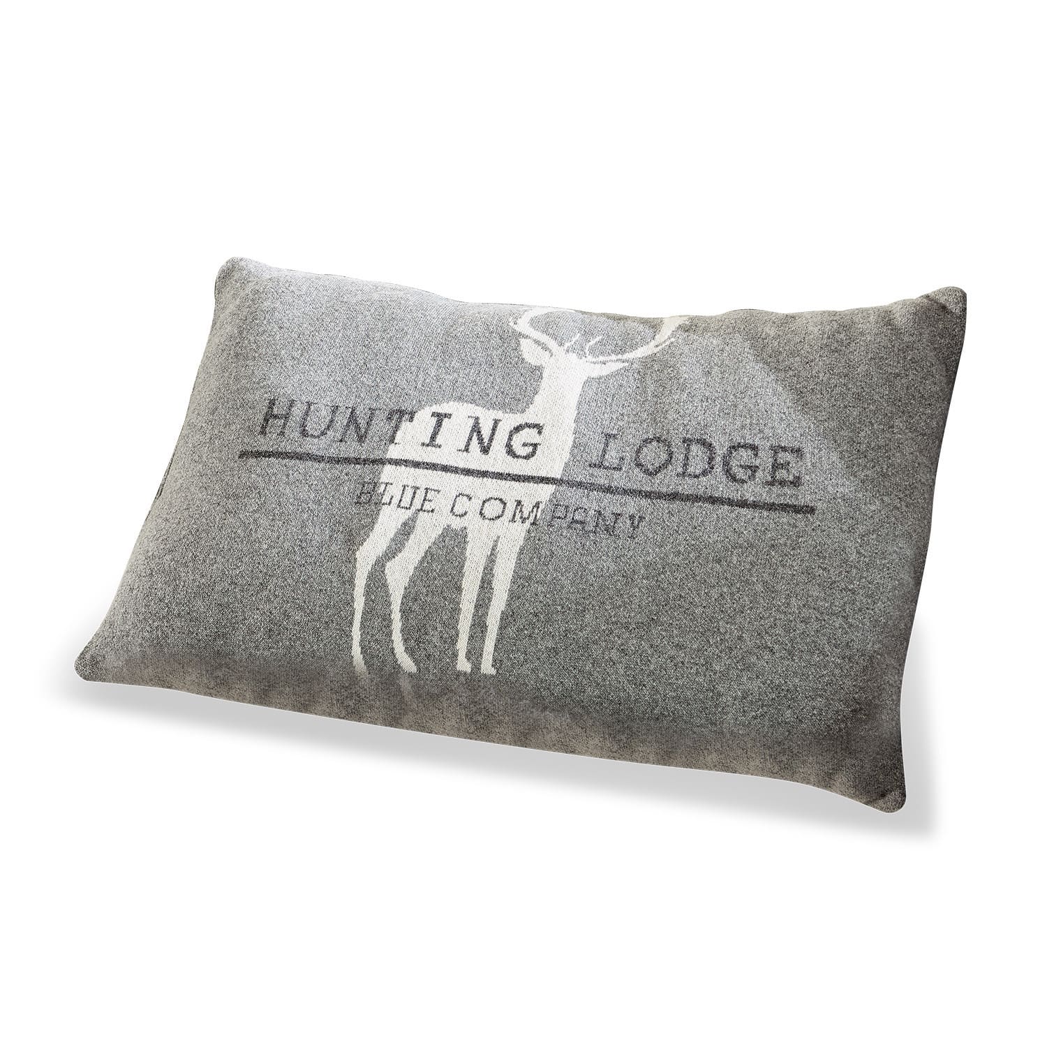 Coussin Lodge Coussin gris avec motif cerf et inscription Hunting Lodge, tissu doux, décoration rustique