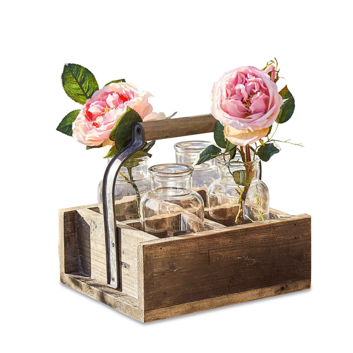 Lot de 4 vases avec caisse Reverie Porte-bouteilles en bois avec quatre vases en verre et fleurs roses pour décoration intérieure