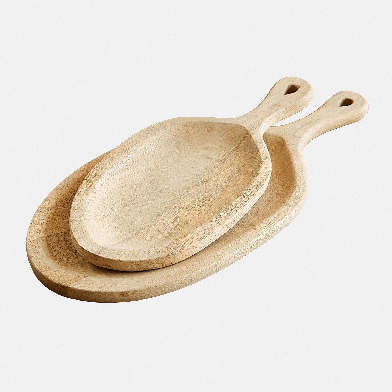Lot de 2 plateaux Nolaria Deux planches à découper en bois clair avec poignées, ustensiles de cuisine naturels et élégants