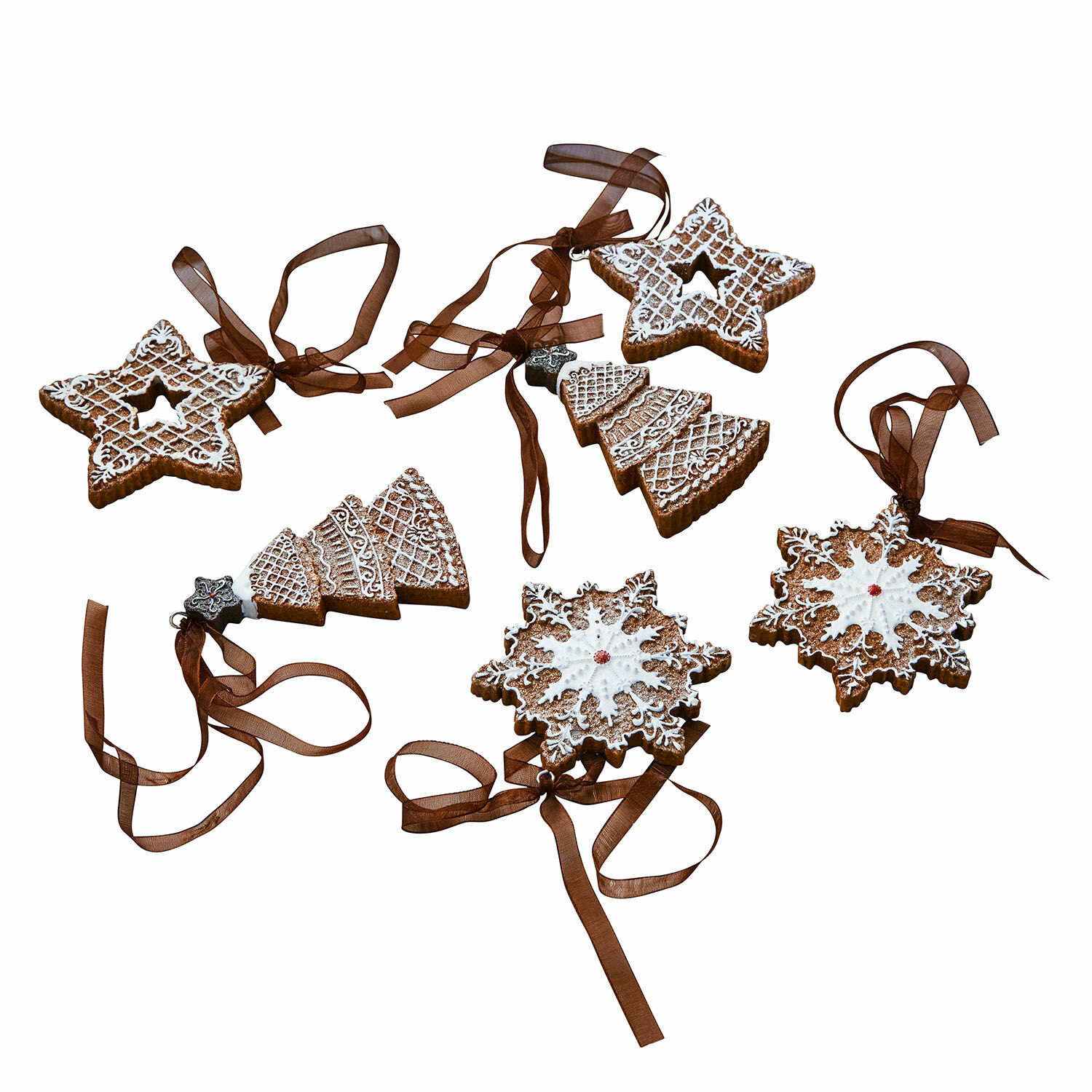 Pendentif set de 6 Chimayo Ensemble de décorations de Noël en pain d'épices en forme d'étoile, sapin et flocon avec ruban marron