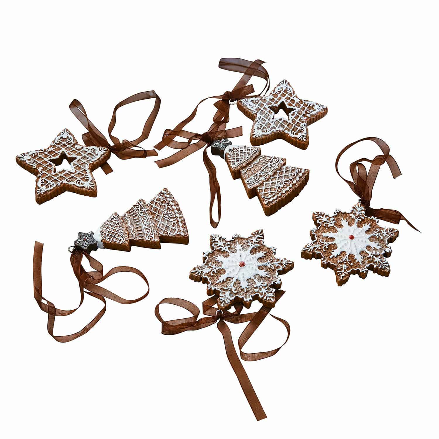 Pendentif set de 6 Chimayo Ensemble de décorations de Noël en pain d'épices en forme d'étoile, sapin et flocon avec ruban marron