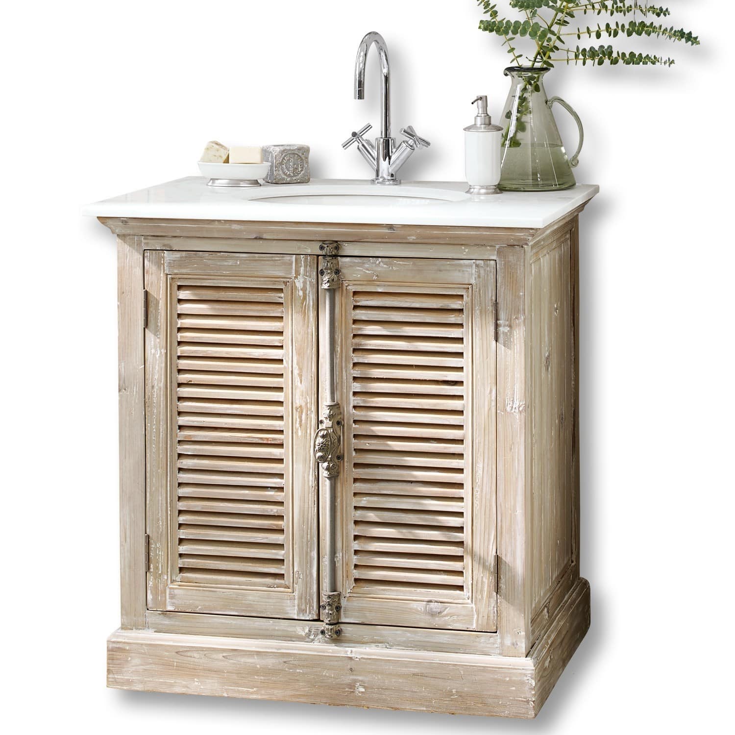 Meuble et vasque Cuthbert Meuble de salle de bain en bois avec plan en marbre blanc et robinet chromé, style rustique