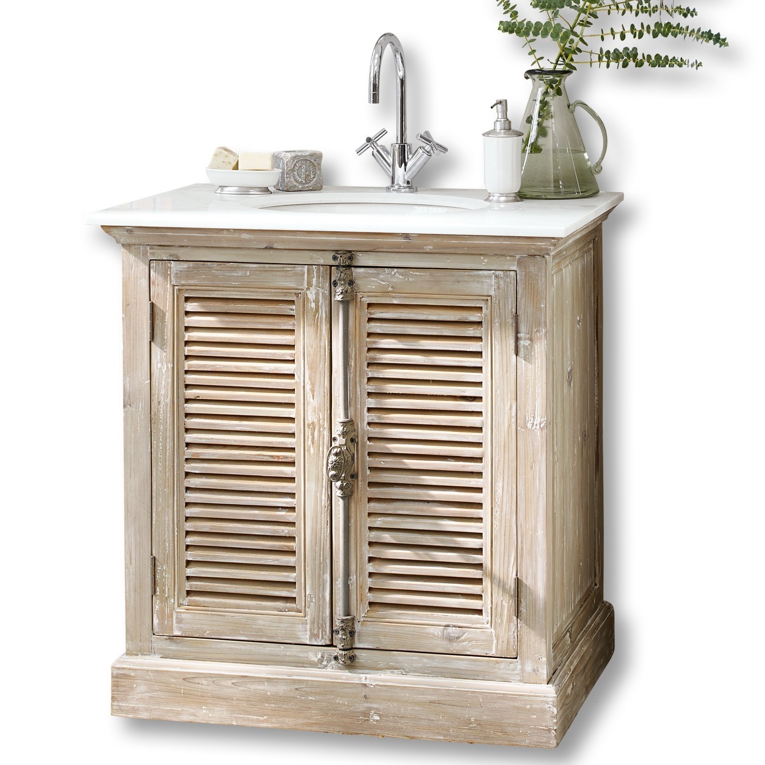 Meuble et vasque Cuthbert Meuble de salle de bain en bois avec plan en marbre blanc et robinet chromé, style rustique