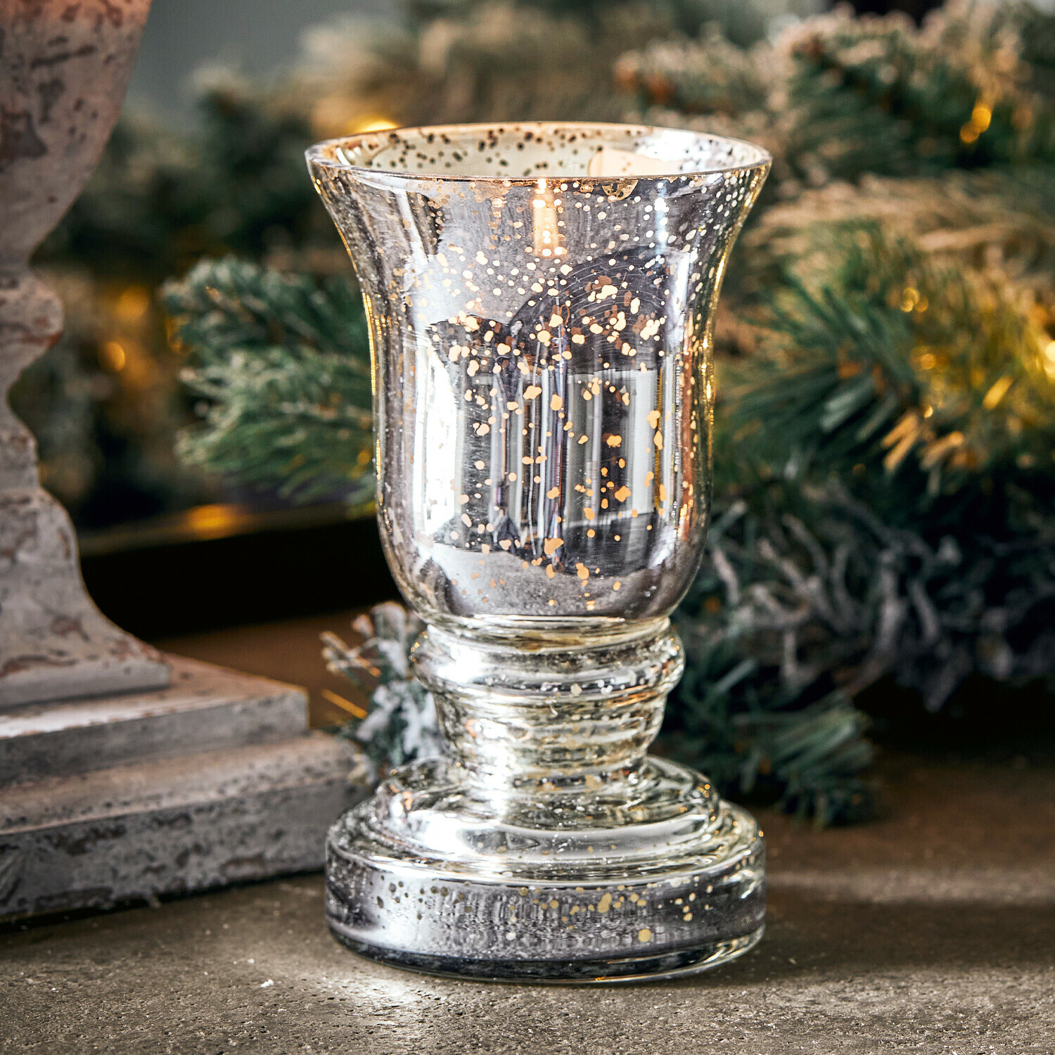Photophore Catus Bougeoir en verre avec effet tacheté argenté, décoration festive pour table ou meuble