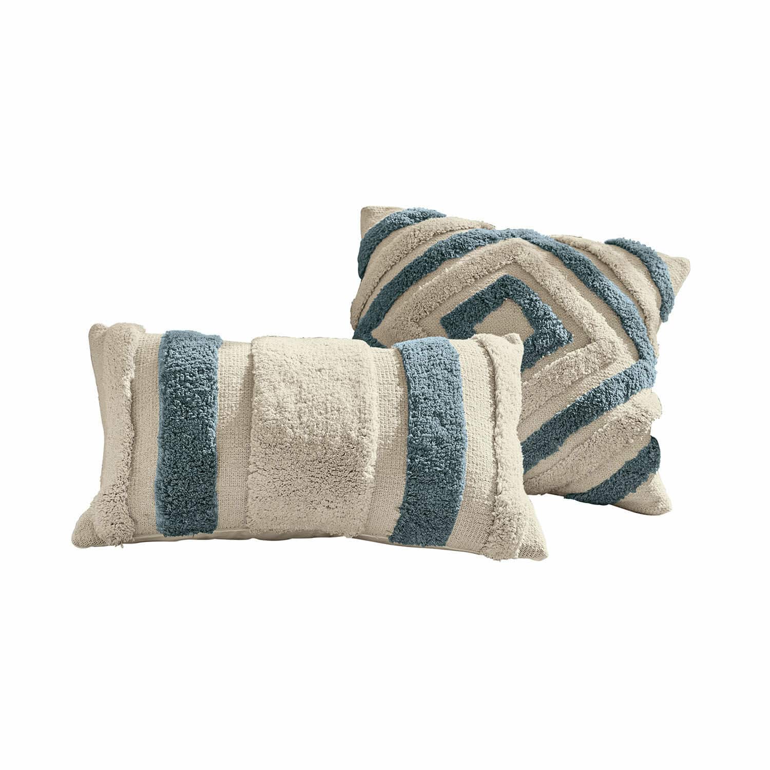 Lot de 2 housses de coussins Melyn Ensemble de deux coussins décoratifs en coton crème et bleu avec motif géométrique texturé
