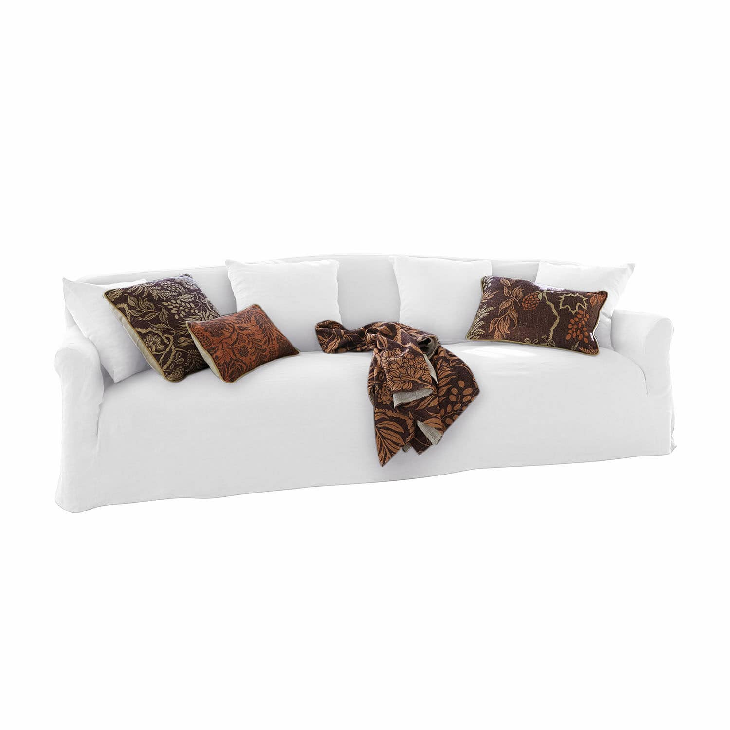 Canapé Riveneuve Canapé blanc en tissu avec coussins décoratifs marron et plaid, meuble moderne pour salon