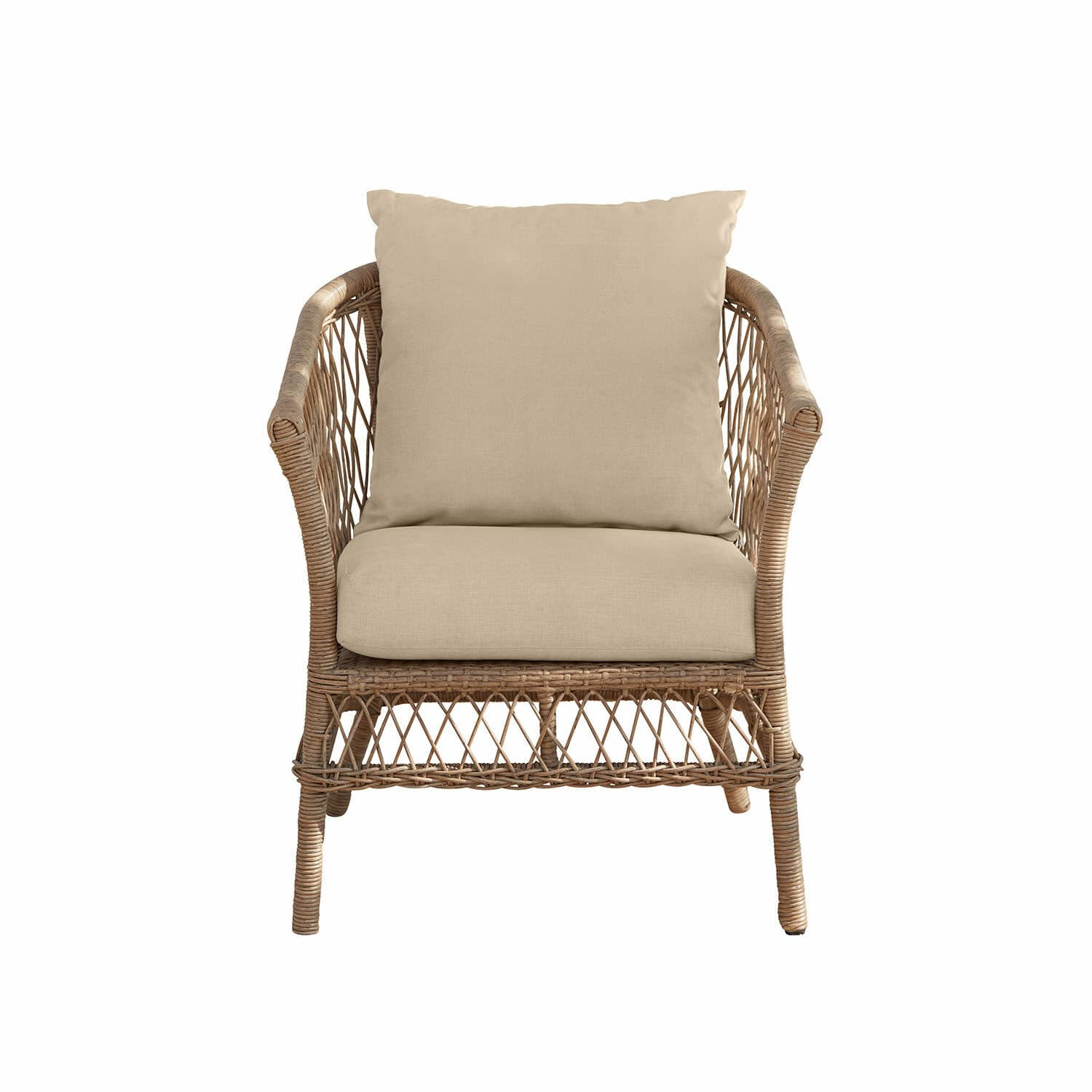 Fauteuil Farington Fauteuil en rotin avec coussins beige, matériau naturel, parfait pour salon et jardin