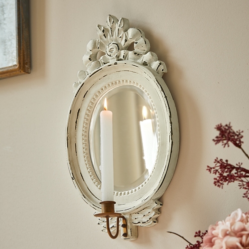 Miroir mural ovale en bois blanc avec support bougie décoratif, style vintage, décoration murale