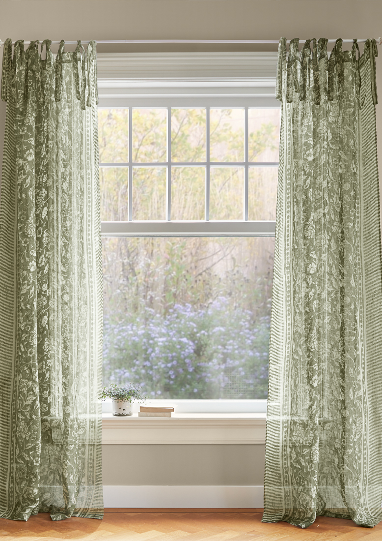 Rideaux verts transparents à motif floral en tissu léger pour décoration de fenêtre