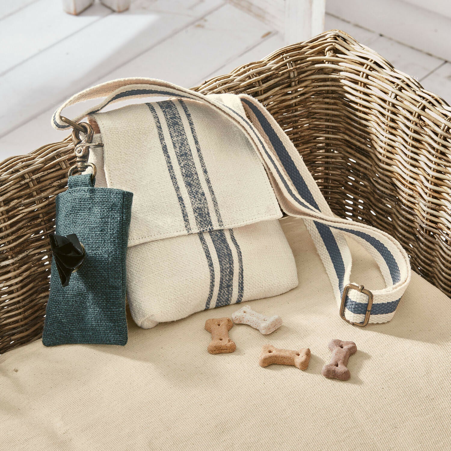 Lot de 2 pochettes Pawera Sac en coton beige avec bandes bleues et étui pour sacs à friandises pour chien