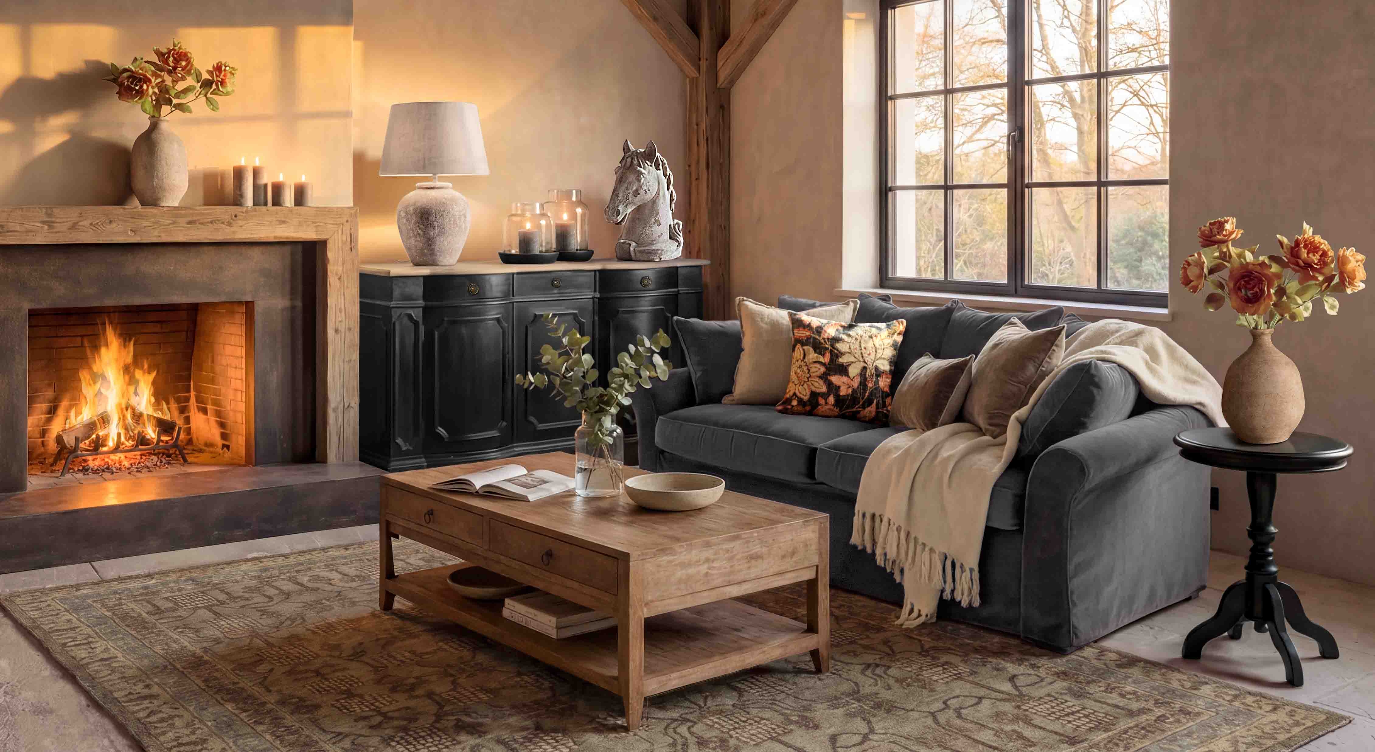 Salon chaleureux avec cheminée, canapé gris et table basse en bois sur tapis vintage