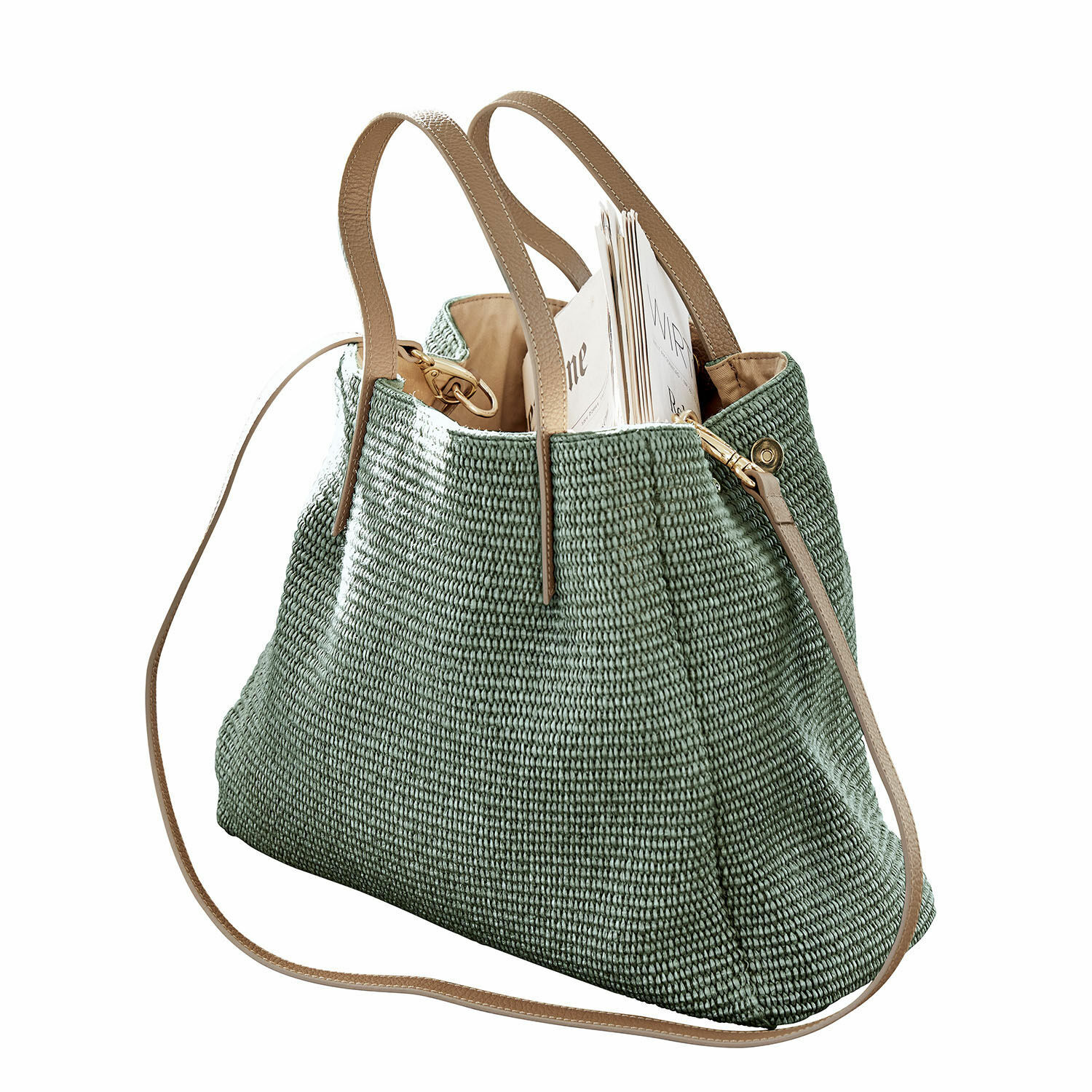 vert Sac vert en matière tissée avec poignées et bandoulière beige, spacieux et élégant pour usage quotidien