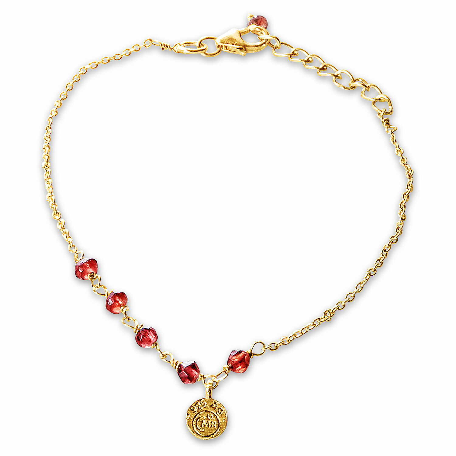 Bracelet fin en or avec pierres rouges et médaillon décoratif, bijou féminin élégant
