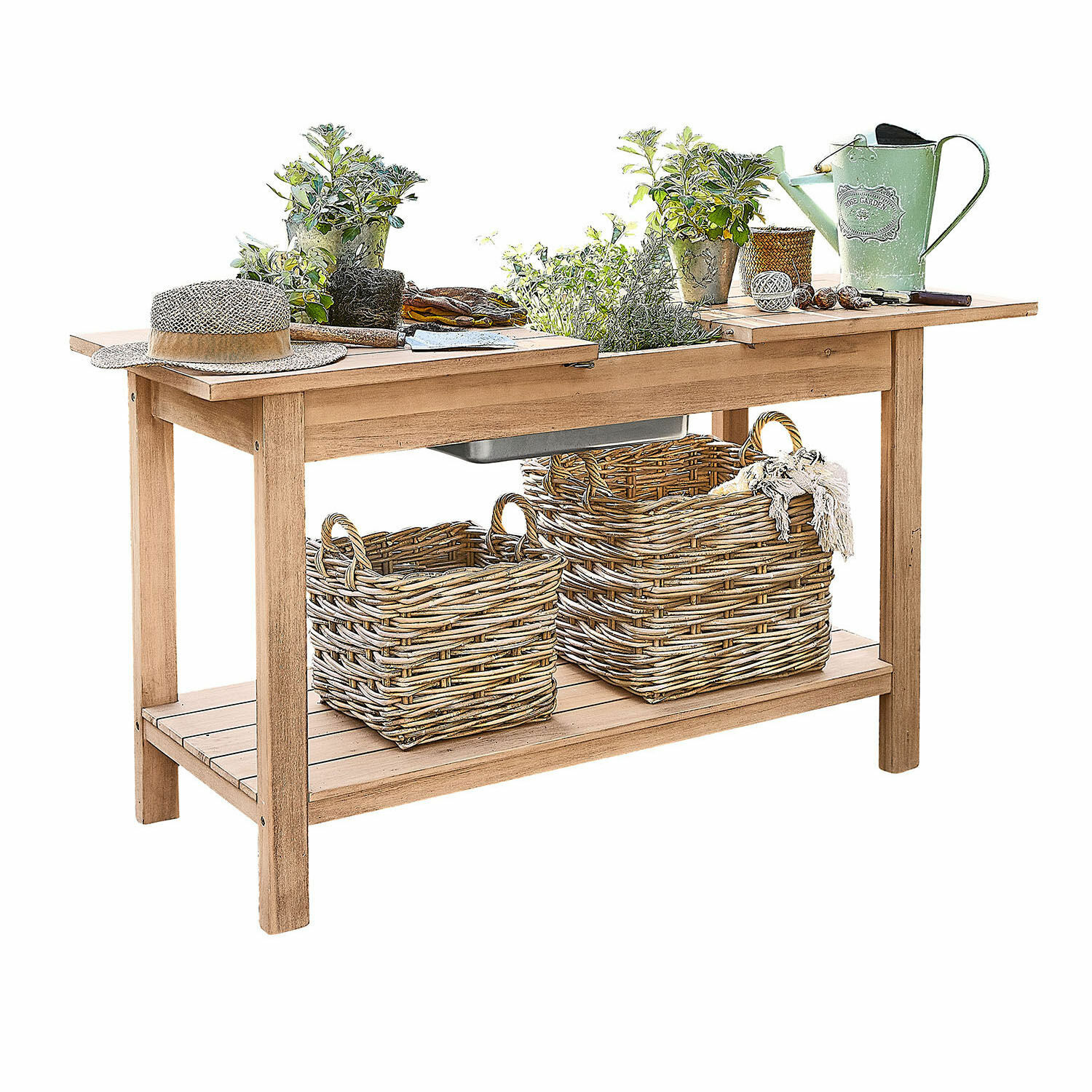 Table de rempotage FSC®-100% Venzone Table de jardin en bois avec paniers en osier et plantes vertes, équipée d'outils de jardinage