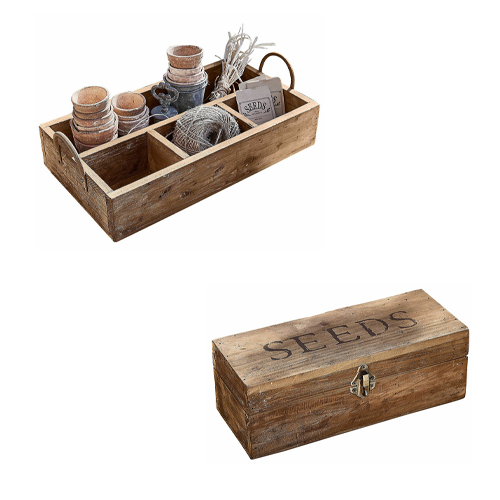 Boîte en bois pour graines avec compartiments et fermeture métallique, couleur bois naturel