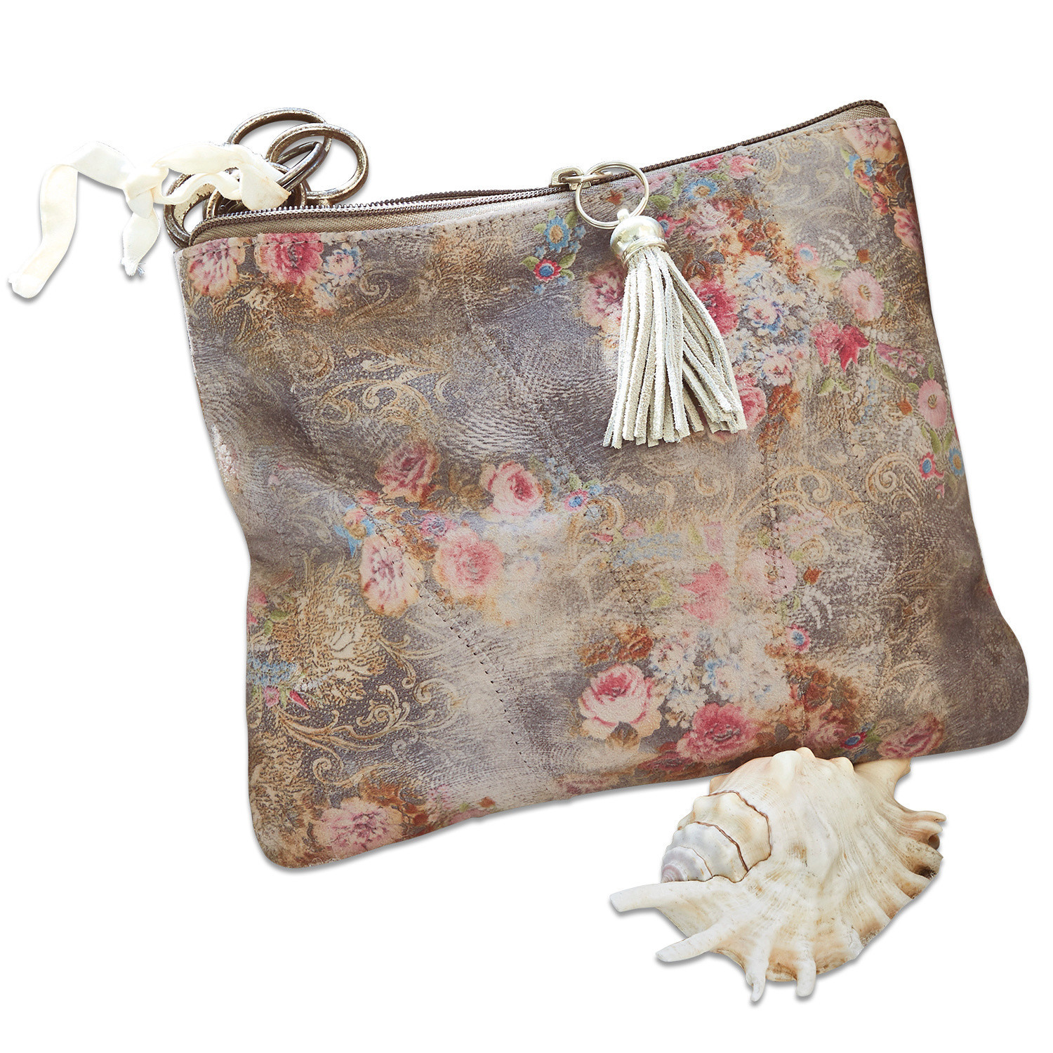 Pochette Ottilie Pochette en daim beige marron à motif floral avec pompon et fermeture éclair décorative