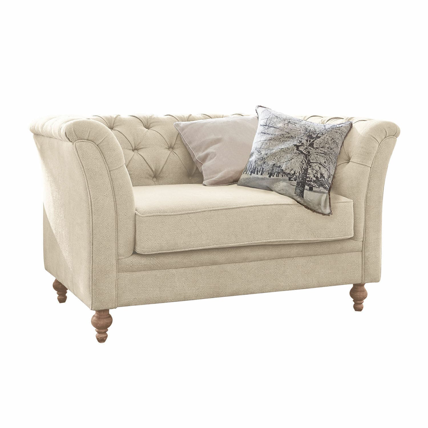 Canapé Clères Canapé beige en tissu avec dossier capitonné et pieds en bois, décoré de deux coussins