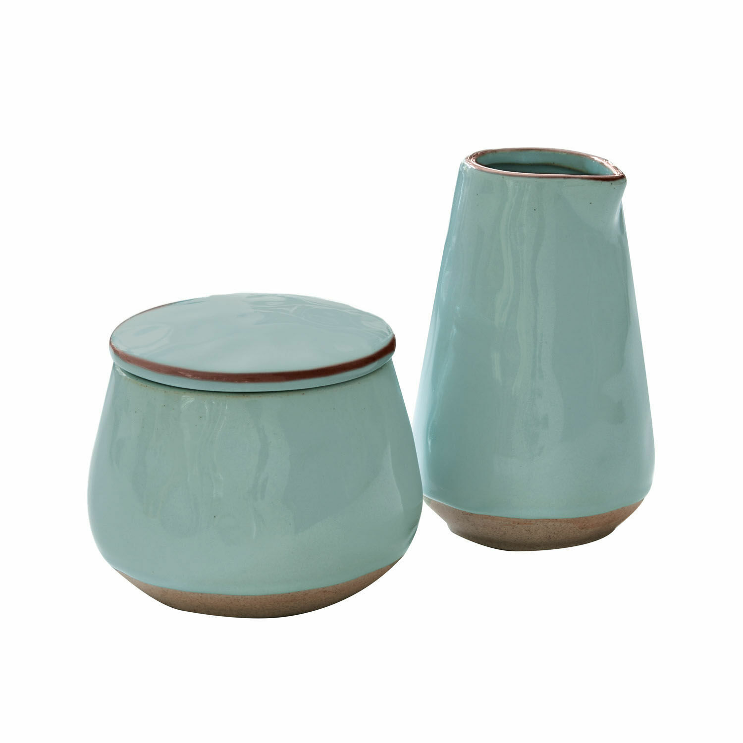 turquoise Ensemble en céramique turquoise sucrier et pot à lait avec base marron naturel