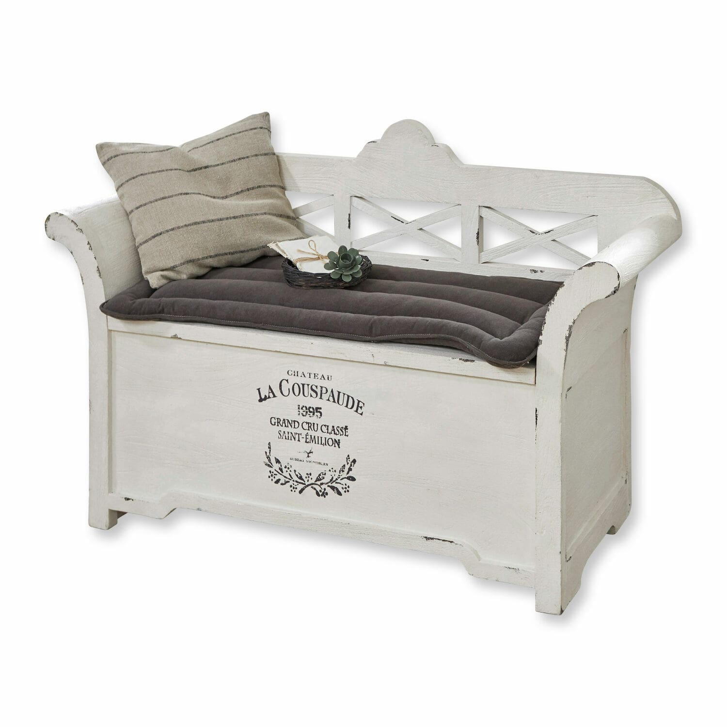 Banc Fioen Banc en bois blanc avec coffre, coussin gris et inscription décorative sur le devant