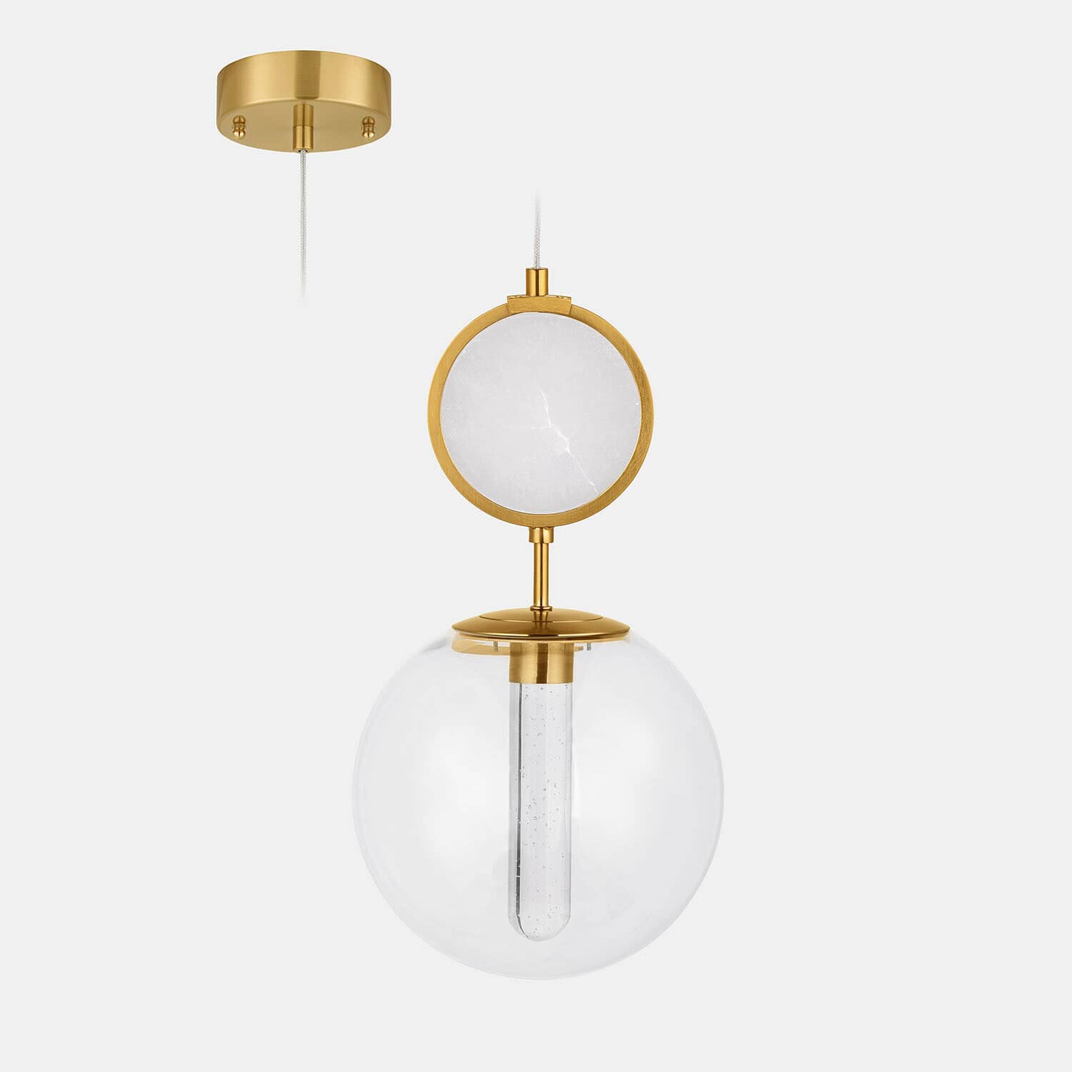 Suspension à LED Corvane Suspension dorée avec globe en verre transparent et détail en marbre blanc, éclairage moderne pour intérieur