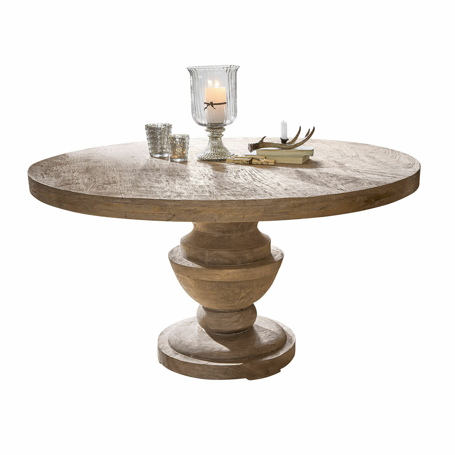 Table Retonfey Table ronde en bois massif couleur naturelle avec bougies décoratives et livres posés dessus
