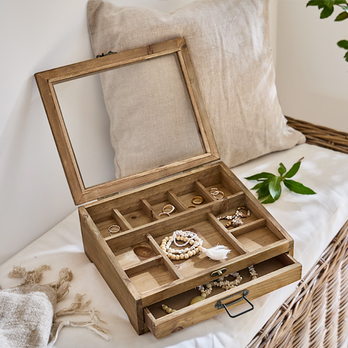 Boîte à bijoux en bois naturel avec compartiments et tiroir, rangement pour bagues et bracelets