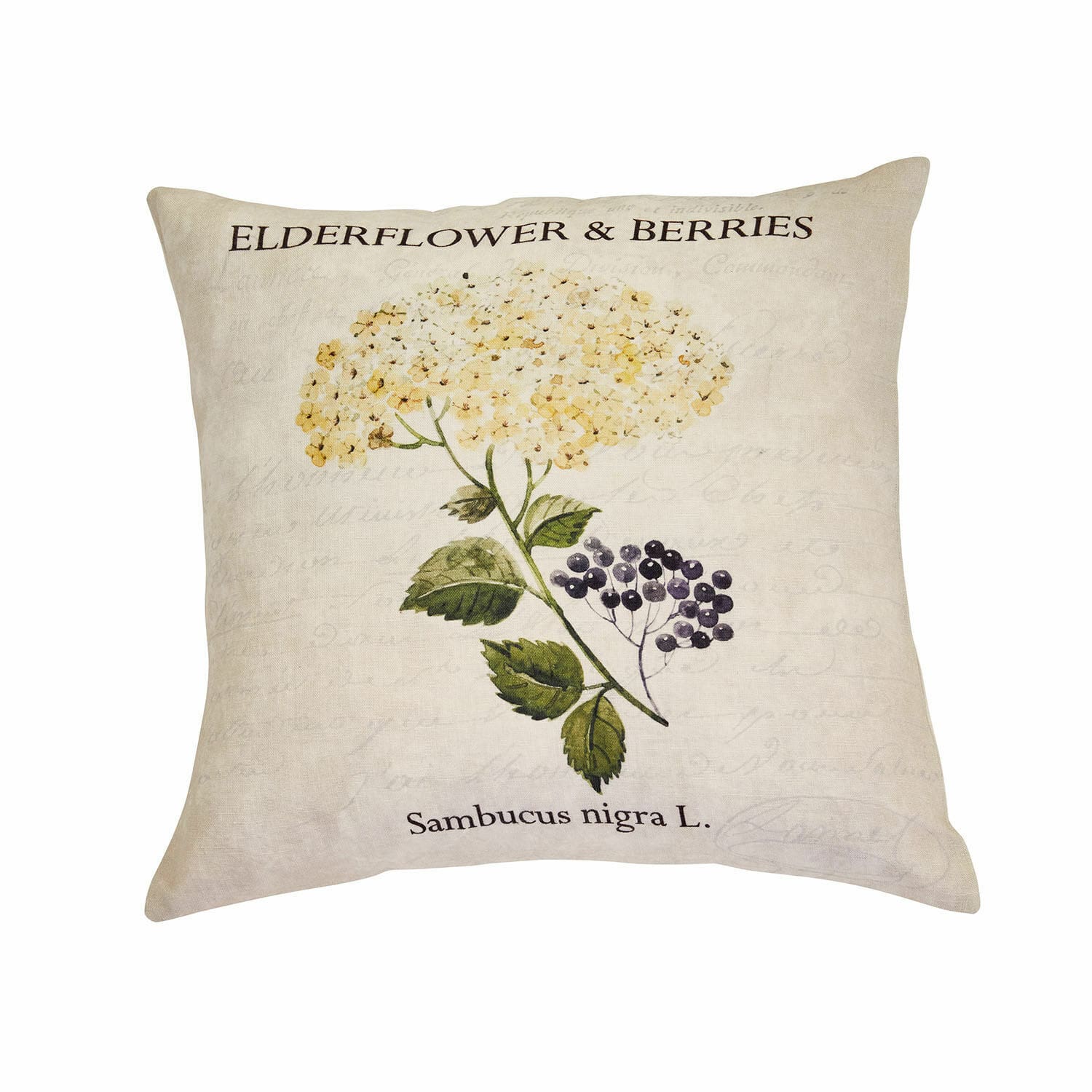 Housse de coussin Sambucus Coussin beige en lin avec imprimé fleurs et baies de sureau noir, décoration intérieure élégante