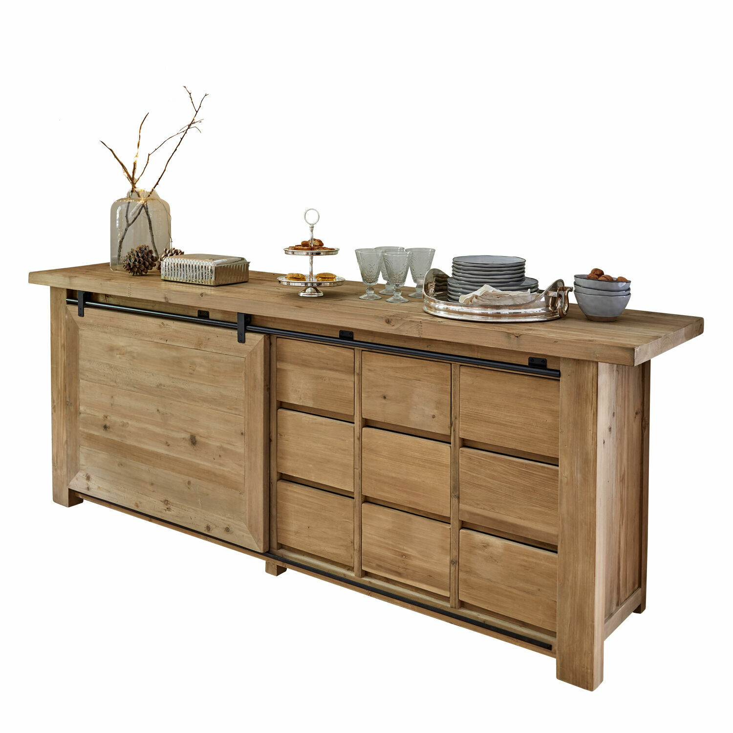 Commode Orleans Buffet en bois naturel avec portes coulissantes et tiroirs, meuble de rangement pour salon