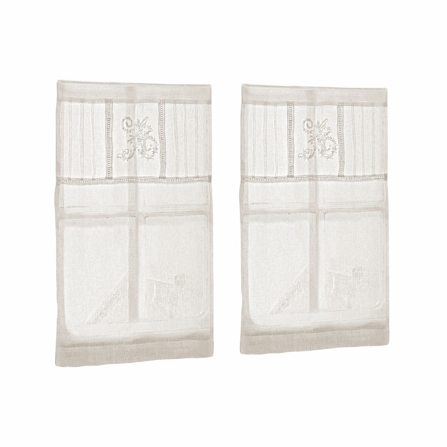 Lot de 2 brise-bise Mayenne Paire de rideaux beiges en lin fin avec broderie, décoration élégante pour fenêtres de salon