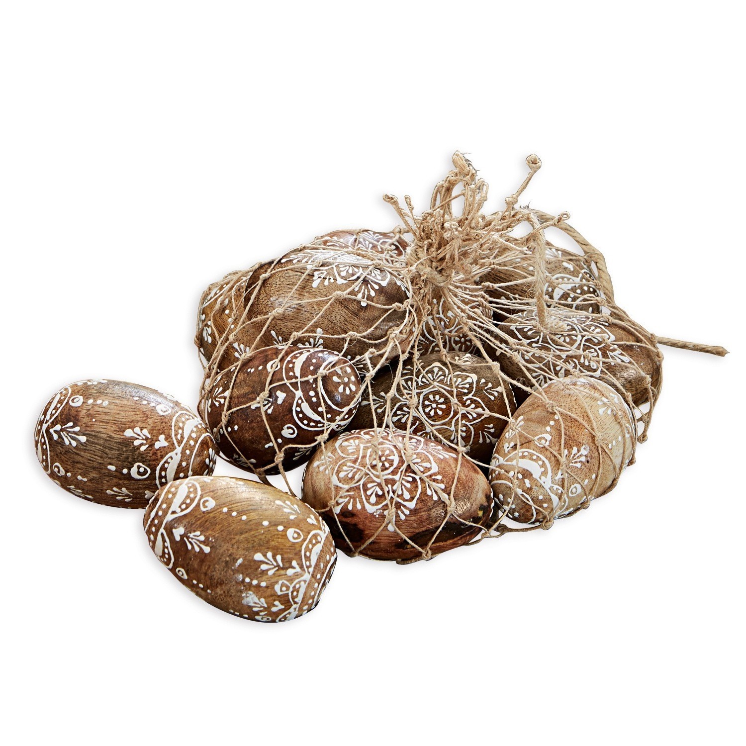 Lot de 9 œufs de Pâques Raylan Ensemble d'œufs décoratifs en bois avec motifs blancs et filet, décorations naturelles de Pâques