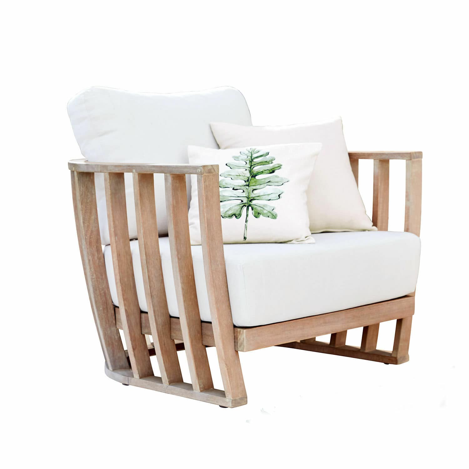 Fauteuil FSC®-100% Vézère Fauteuil en bois de teck avec coussins blancs, meuble moderne pour salon confortable