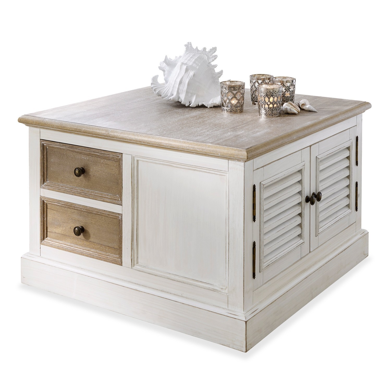 Table basse Cloverport Table basse carrée en bois blanc et naturel avec tiroirs et décorations sur le dessus