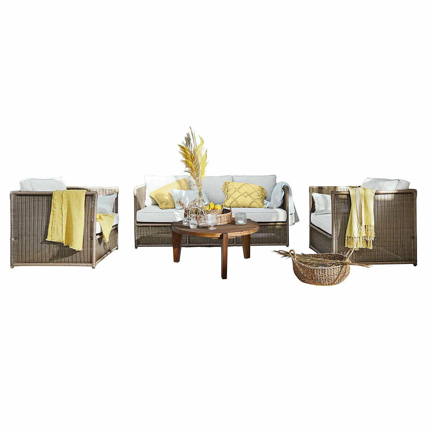 Salon de jardin Lesmont Ensemble de mobilier de jardin en rotin avec coussins clairs et accessoires jaunes, table en bois