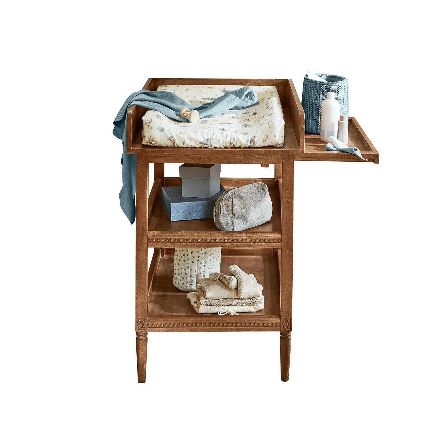Console à langer Bellouvre Table à langer en bois avec étagères et matelas doux crème pour chambre d'enfant