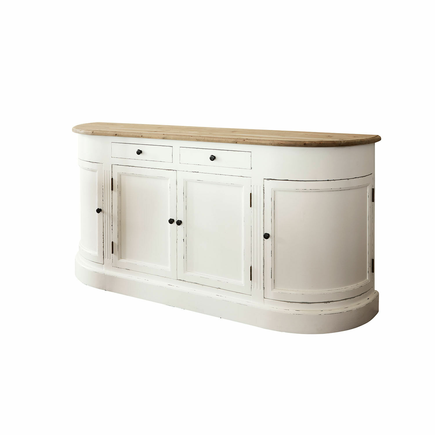 Buffet bas Louisiana Buffet blanc en bois avec plateau arrondi en bois naturel, meuble de rangement élégant